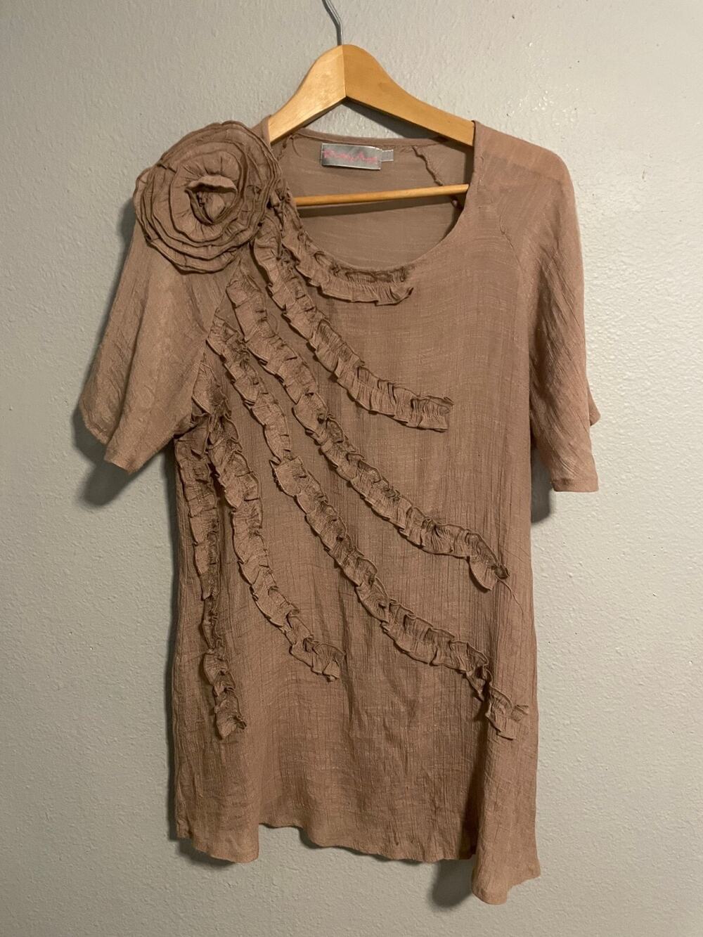 Pretty Angel Womens Tunic Large Brown Linen Blend Floral Ruffle Fairy Boho READ